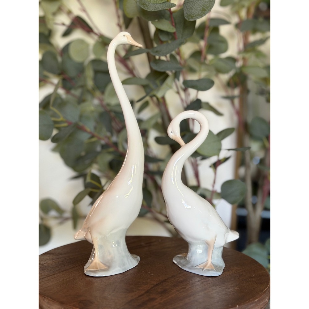 Vintage Porcelain Swan Figurines Set of 2 White Glossy Ceramic Bird Statues
